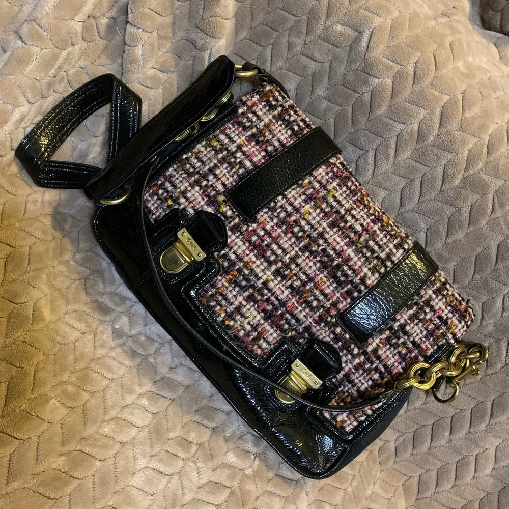 Coach Tweed Crossbody with Black Patent Trim